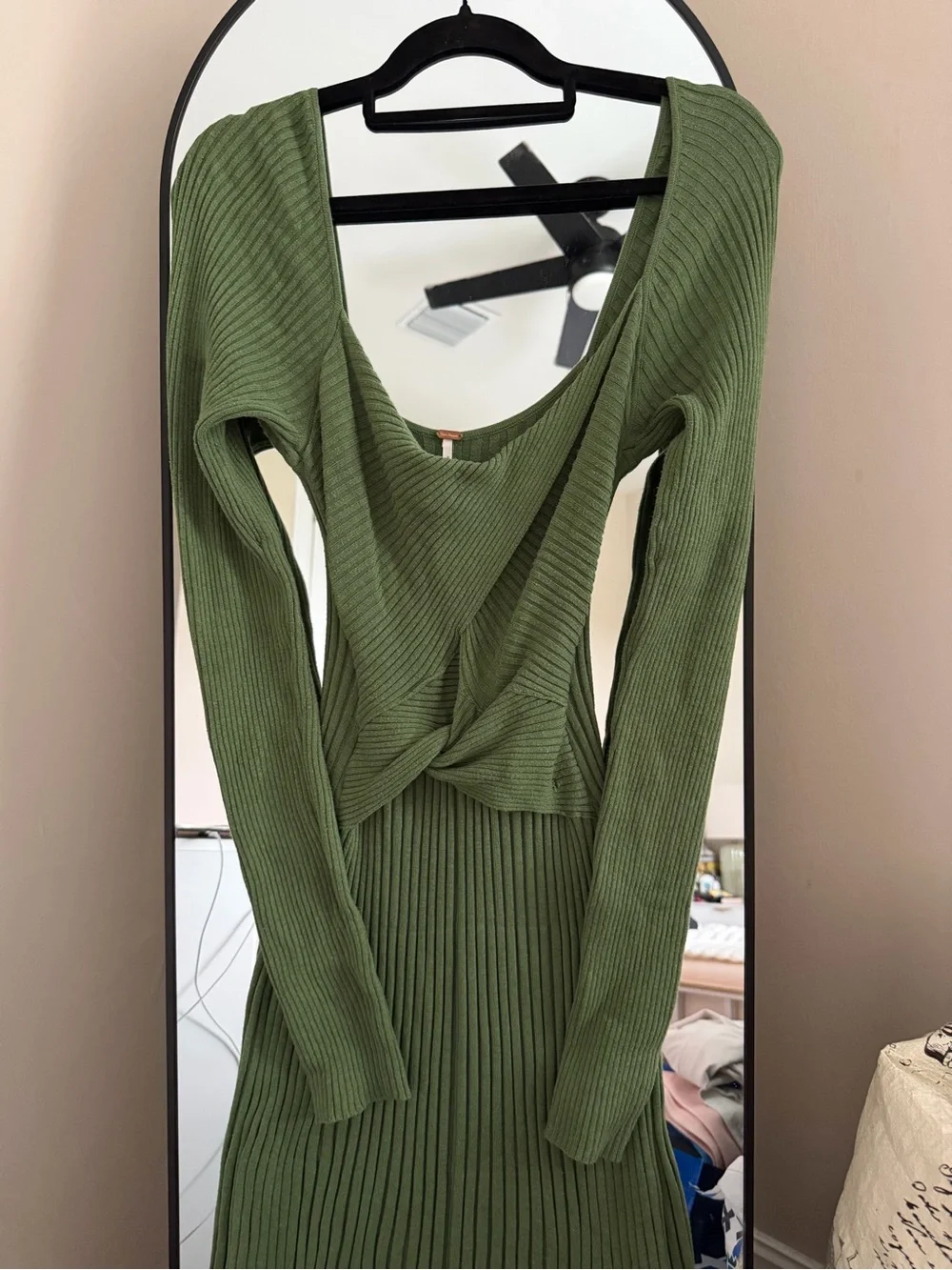 Free People Olive Green Long Sleeve Ribbed Twist-Front Maxi Dress